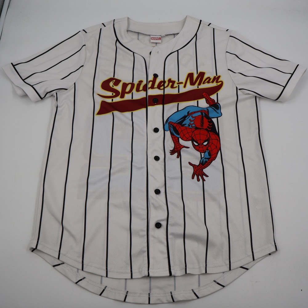 Marvel Spider-Man Baseball Jersey Mens Medium White Pinstripe Graphic 62 Button
